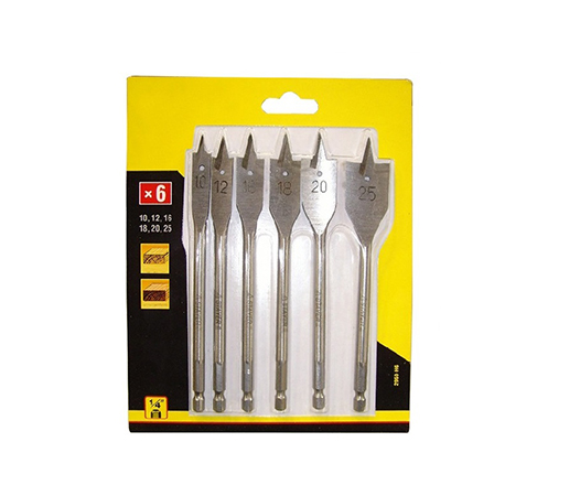 6Pcs Hex Shank Flat Wood Spade Drill Bit Set in PVC Sandwich Blister